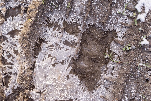 겨울에 추상 패턴으로 얼어붙은 울퉁불퉁한 흙과 얼음