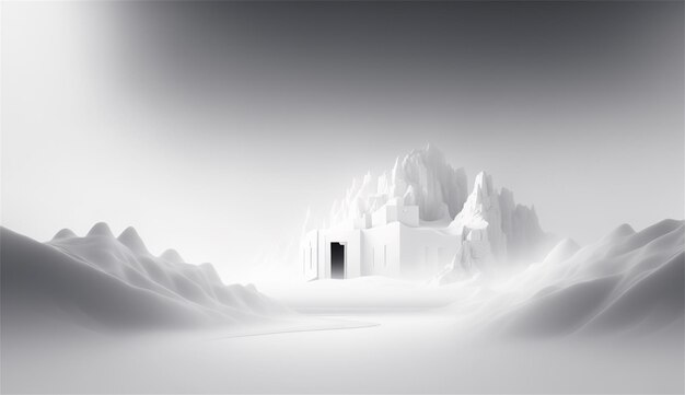 A frozen castle in the desert with a foggy background.