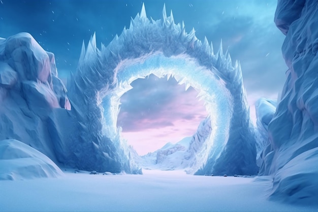 A frozen cave with a frozen mountain in the background