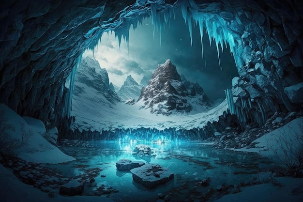 A frozen cave with a shimmering blue lake at its center surrounded by ice formations and icicles cre