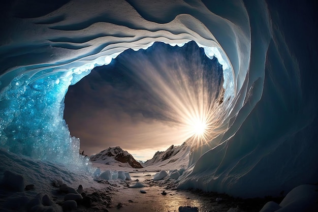 Foto una caverna ghiacciata illuminata da un raggio di luce che scorre attraverso un foro nel soffitto creato con