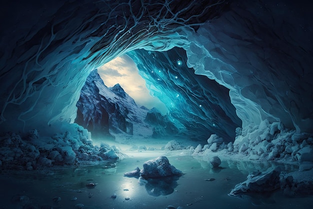 A frozen cavern with a blue light emanating from the center creating an otherworldly atmosphere crea