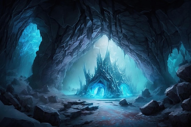 A frozen cavern with a glowing blue crystal in the center surrounded by ice sculptures created with