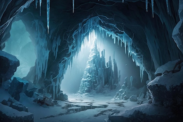 A frozen cavern with icicles hanging from the ceiling creating a beautiful and magical scene created