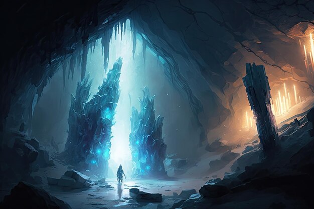 A frozen cavern with icicles hanging from the ceiling reflecting light from a torch created with gen