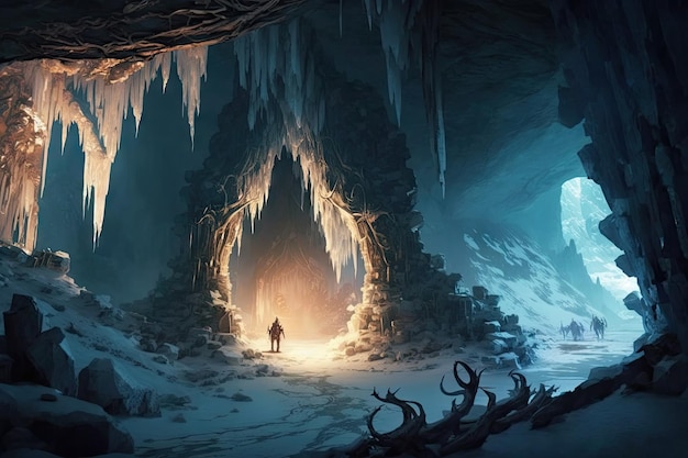 Photo a frozen cavern with icicles hanging from the ceiling and stalactites reaching towards the floor cre