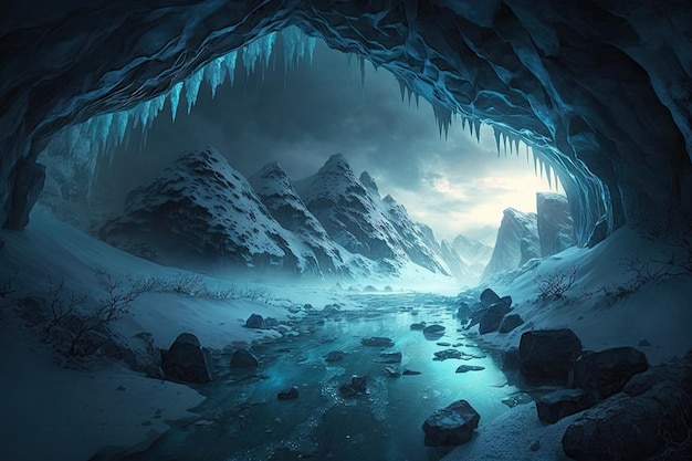 A frozen cavern with a river running through it creating an ethereal blue glow against the ice creat