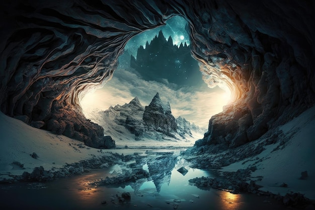 A frozen cavern with a river running through it creating an otherworldly scene created with generati