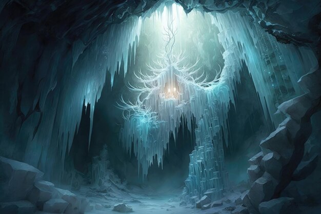 천연 고드름 샹들리에 cr을 포함하여 일련의 얼음 형성물과 고드름이 있는 얼어붙은 동굴