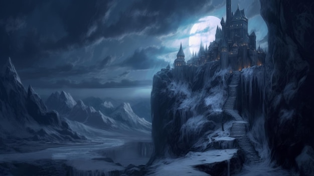 The Frozen Citadel A Monochromatic Medieval Fantasy Landscape with Vampire Fortress Frozen Rivers and Dark Atmosphere