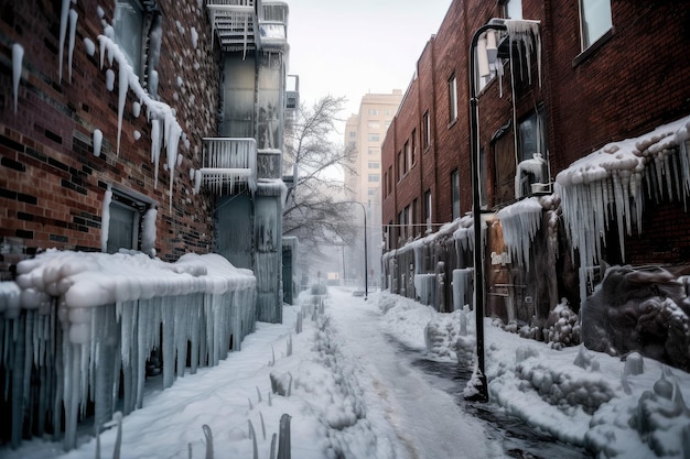 A frozen city with icicles hanging from buildings and streets covered in snow