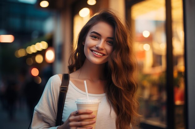 Photo frozen delight a charming girl savors the outdoors with a cold tankard