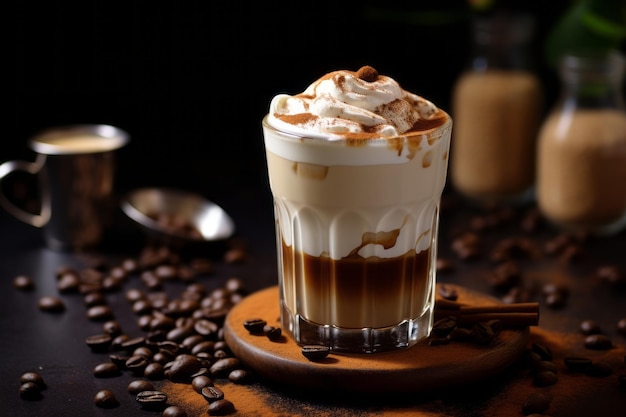 Foto frozen delight espresso perfectie met gekoelde melk schuim tegen een mocha gekleurde canvas garn