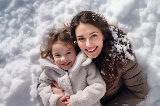 凍った喜び 母親と娘が雪の中に 笑顔で横たわっている