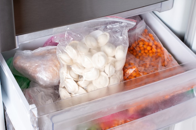 Frozen dumplings in the freezer. Food storage