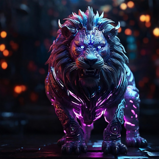 a frozen electroluminescent fantasy angry lion