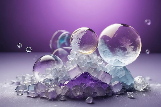 Frozen Elegance Abstract Soap Bubbles on Crushed Ice Against Purple Backdrop