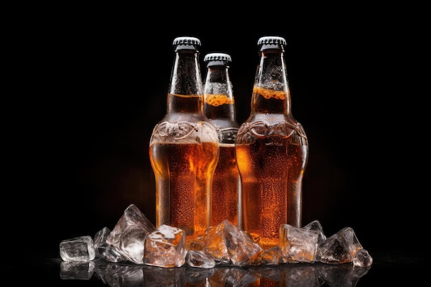 Frozen Elegance Chilled Beer in Glass Bottles Illuminated on a Dark Canvas