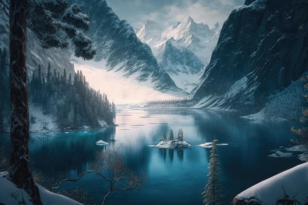 A frozen fiord surrounded by majestic mountains and evergreen forests with a mysterious blue hue in