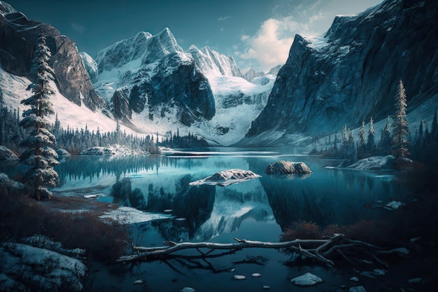 A frozen fiord surrounded by majestic mountains and evergreen forests with a mysterious blue hue in