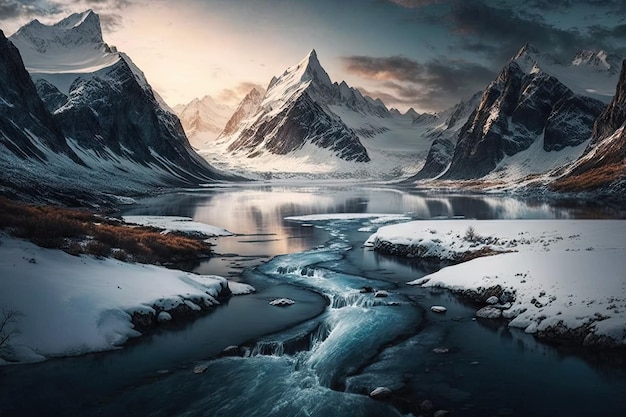 A frozen fiord with a glacial river flowing through it surrounded by snowy mountains created with ge