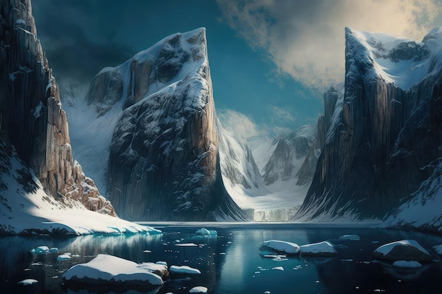 A frozen fiord with tall ice cliffs and blue skies in the background creating a dramatic contrast