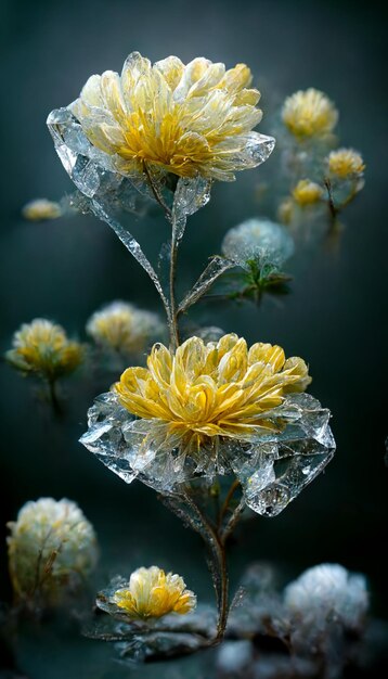 A frozen flower is covered in ice and has a yellow flower in the middle