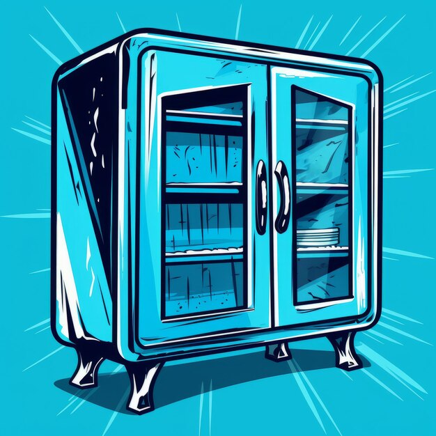 Photo frozen food cabinet illustration in graphic comic book style