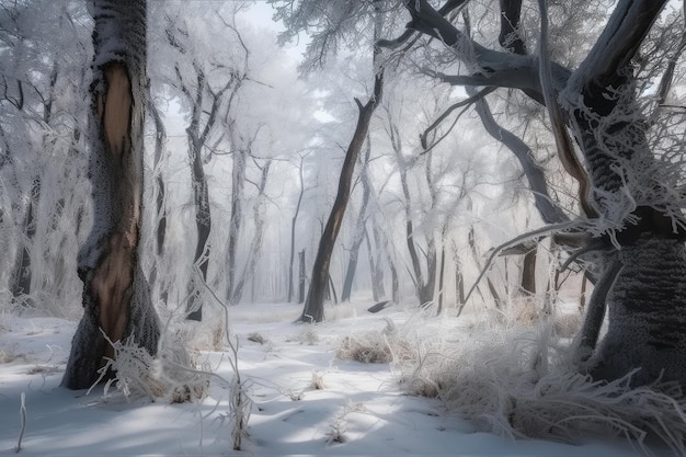 吹雪の後に木々が雪に覆われた凍った森