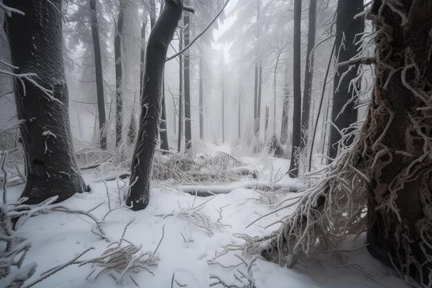 吹雪の後に木々が雪に覆われた凍った森