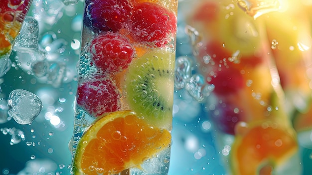 スティックアイスクリームに冷凍された果物とベリー 背景コンセプト