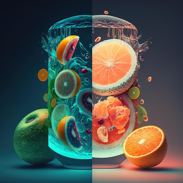Фото Замороженные фрукты во льду 3d иллюстрации концепции