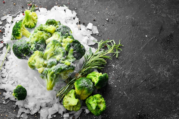 Frozen green broccoli Top view Free space for your text