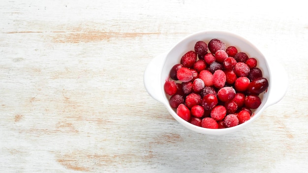 Frozen hawthorn berries Healthy food Top view Free space for your text