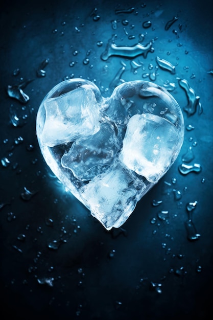 Frozen heart melting on blue background Valentines Day
