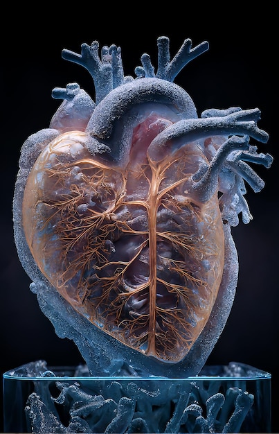 Frozen human heart with blood vessels stands on a glass stand on a dark background