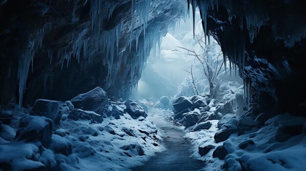 Photo a frozen ice cave in a wintertime natural setting cold icicle generative ai