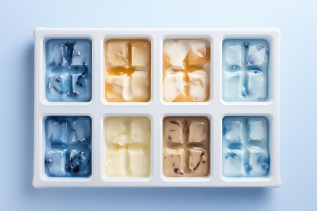 Frozen ice cream in ice cube tray top view on blue background closeup