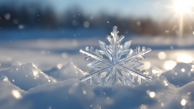 frozen ice crystal and snowflakes on a snowy landscape