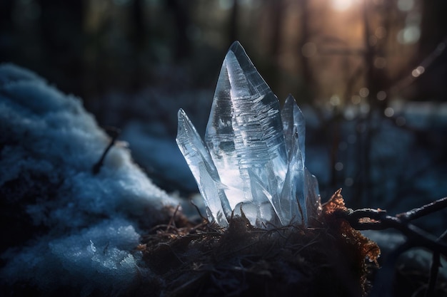 A frozen ice crystals are shown in the woods.