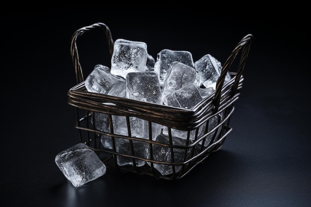 사진 어두운 배경 에 있는 식료품 바구니 에 얼어붙은 아이스 큐브