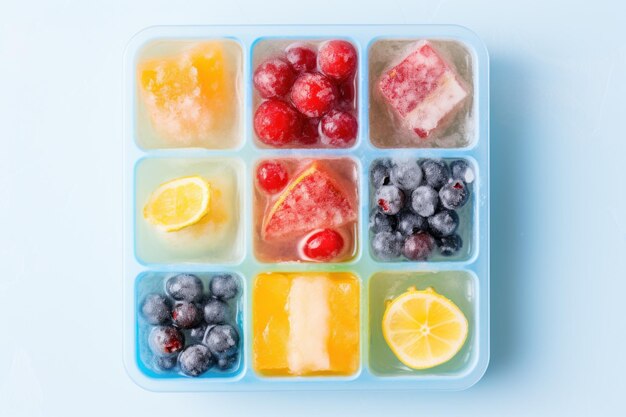 Frozen ice cubes with organic berries raspberry strawberry blueberry in ice cube tray