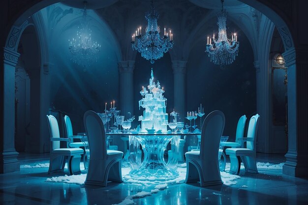 Frozen ice palace feast crystal thrones icy statues and frosty delights