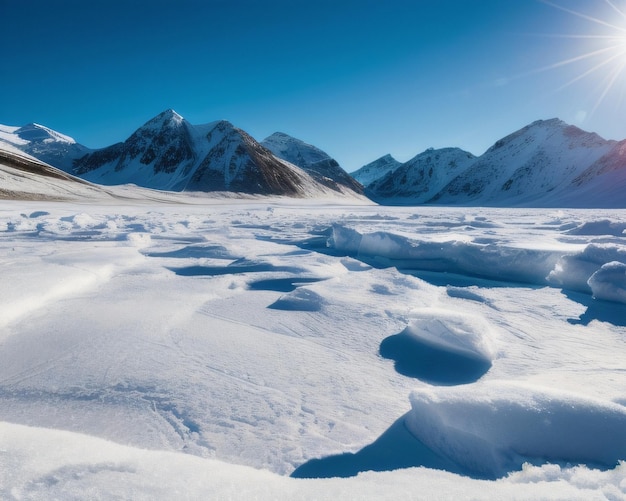 A frozen iceberg with the sun shining on it.