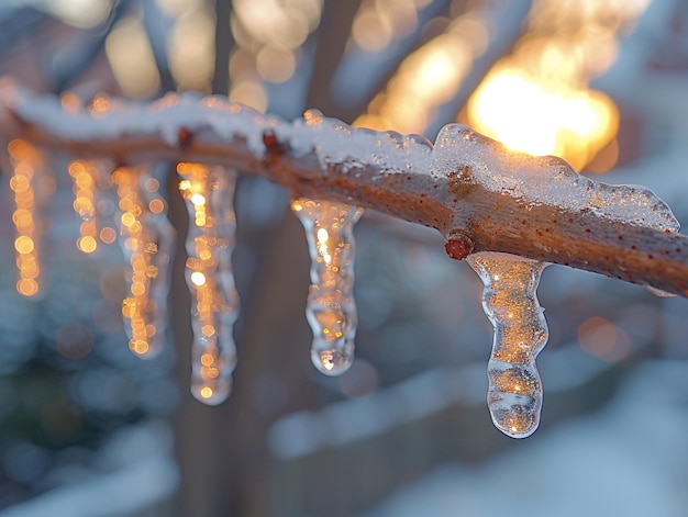 Frozen icicles hanging from a branch