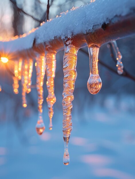 Frozen icicles hanging from a branch