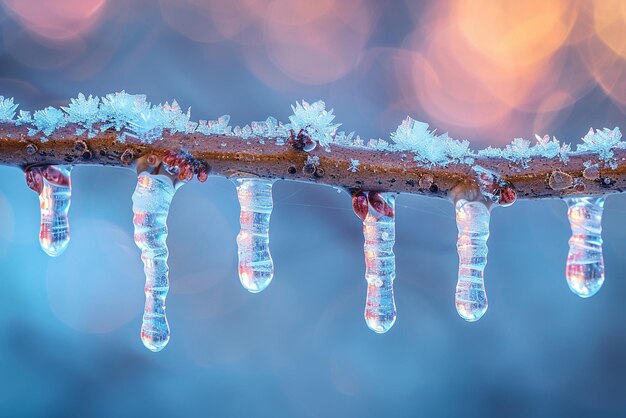 Photo frozen icicles hanging from a branch