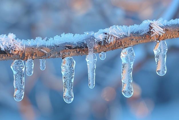 Photo frozen icicles hanging from a branch