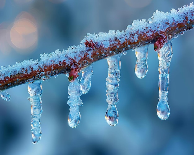 Frozen icicles hanging from a branch