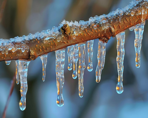 Frozen icicles hanging from a branch